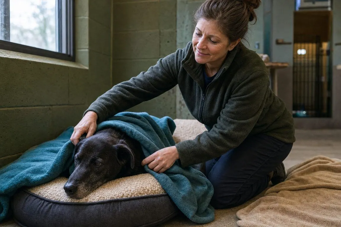 A volunteer kneeling to tuck a blanket around a small rescued dog resting in a shelter kennel