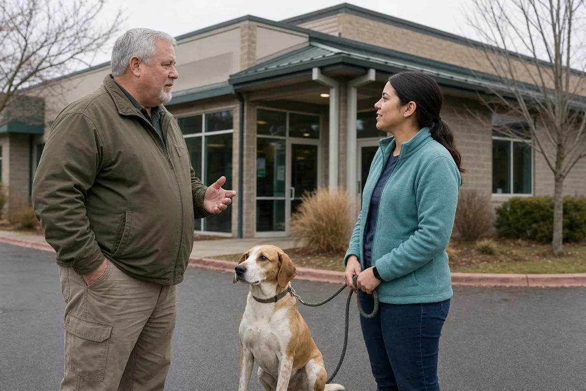 An AAARF! board member and a shelter staff member with a rescued dog outside a shelter building