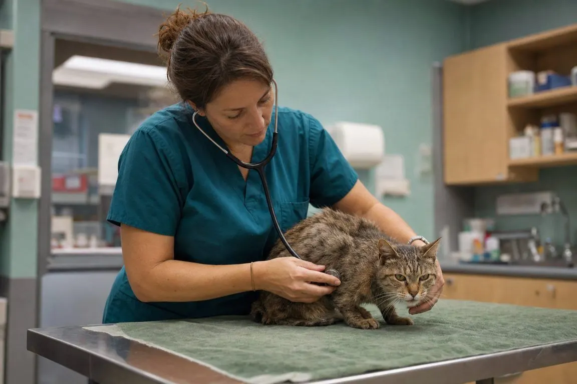A veterinarian examining a cat with a stethoscope on an exam table